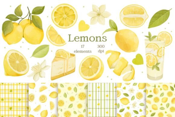 Lemons Watercolor Clipart, Patterns