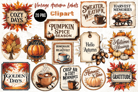 Vintage Autumn Labels Clipart, Printable