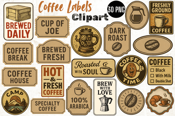 Vintage Coffee Labels Clipart & Ephemera
